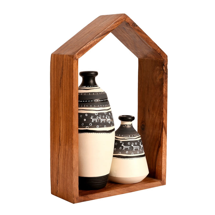 Wall Decor Wooden Shelf with 2 Pots Warli (7.5x2.6x11.5)