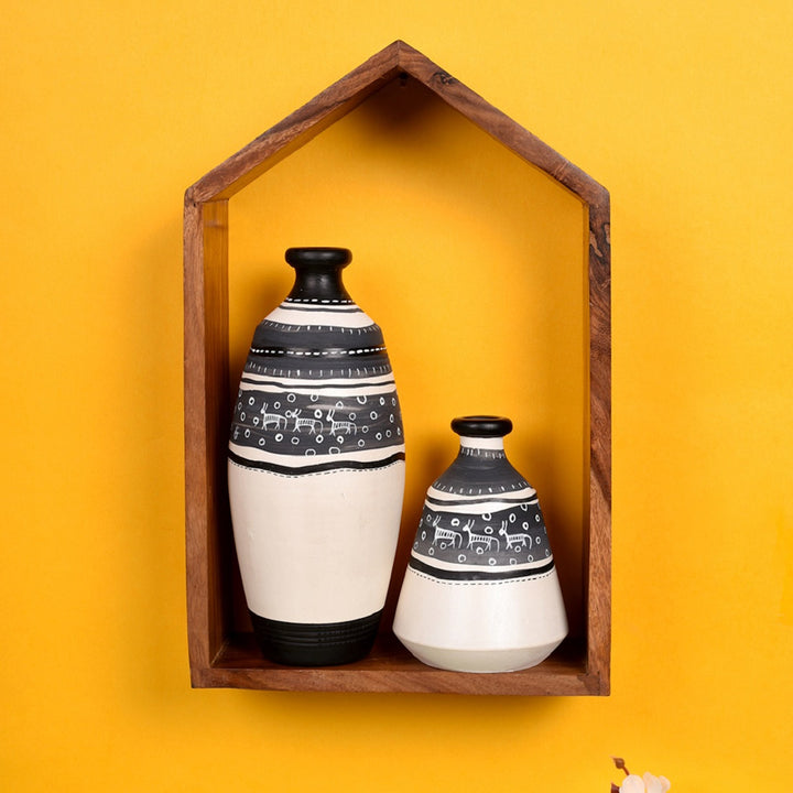 Wall Decor Wooden Shelf with 2 Pots Warli (7.5x2.6x11.5)