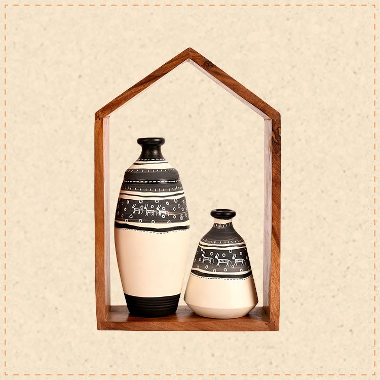 Wall Decor Wooden Shelf with 2 Pots Warli (7.5x2.6x11.5)
