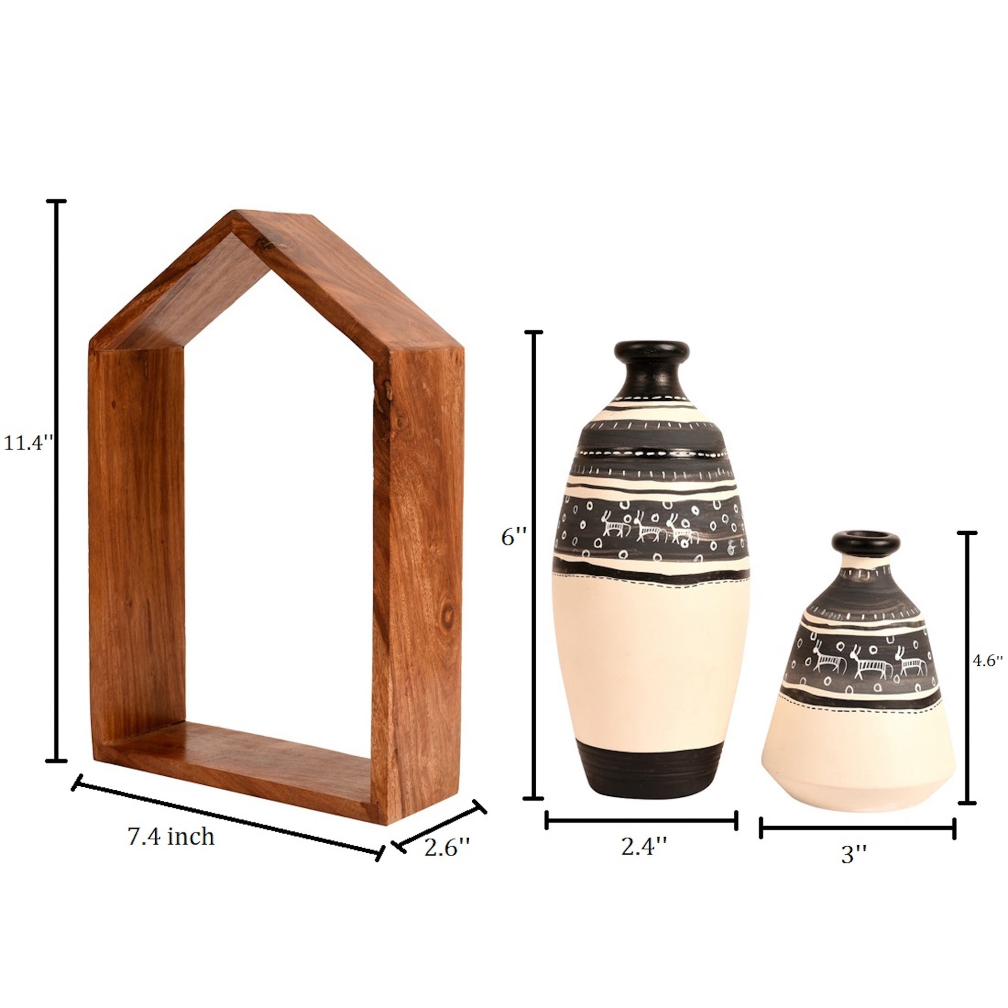 Wall Decor Wooden Shelf with 2 Pots Warli (7.5x2.6x11.5)