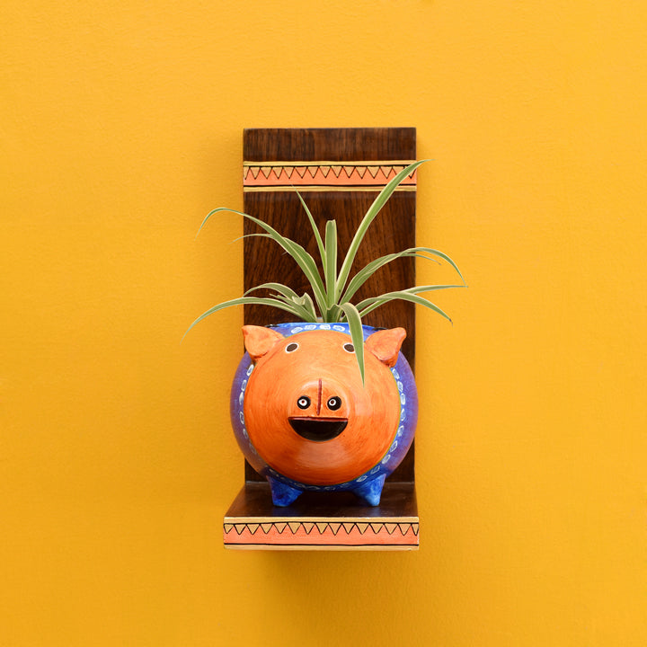 Piggy Wall Decor Shelf with Earthen Planter (5x7x11)