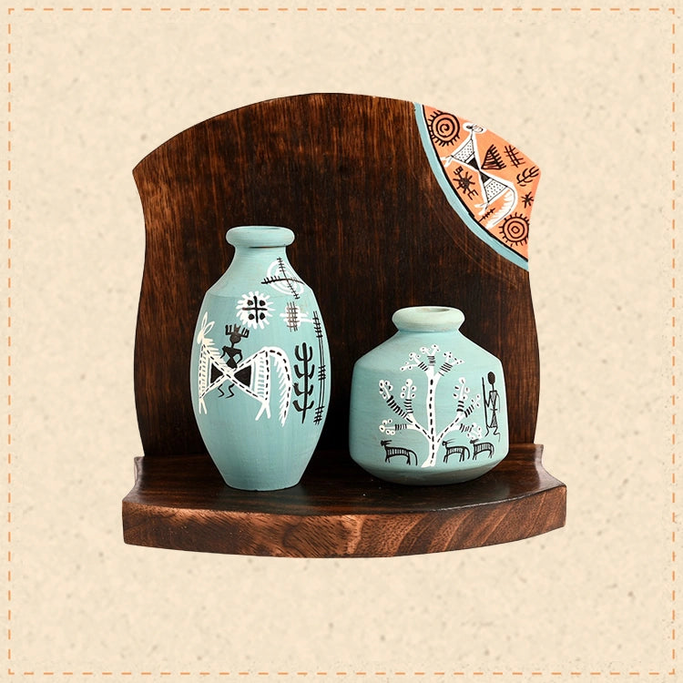 Wall Decor Wooden Shelf with 2 Pots Madhubani Design (6.5x5x7)