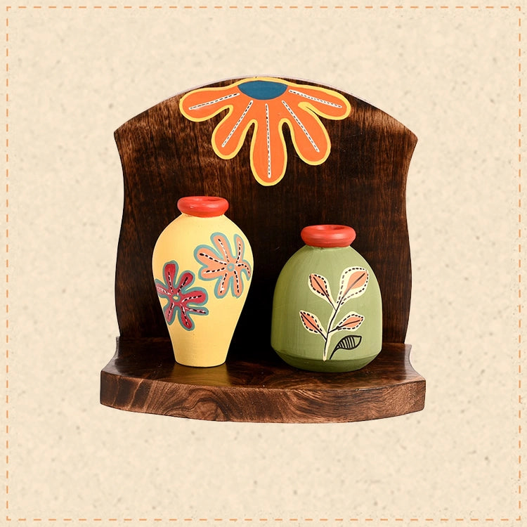 Wall Decor Wooden Shelf with 2 Pots Madhubani Art (6.5x5x7)