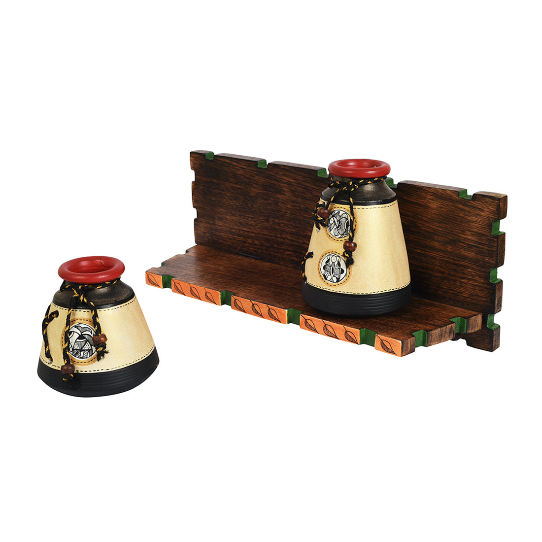 Wall Decor Wooden Shelf with 2 Pots Madhubani Design (15x5.5x6)