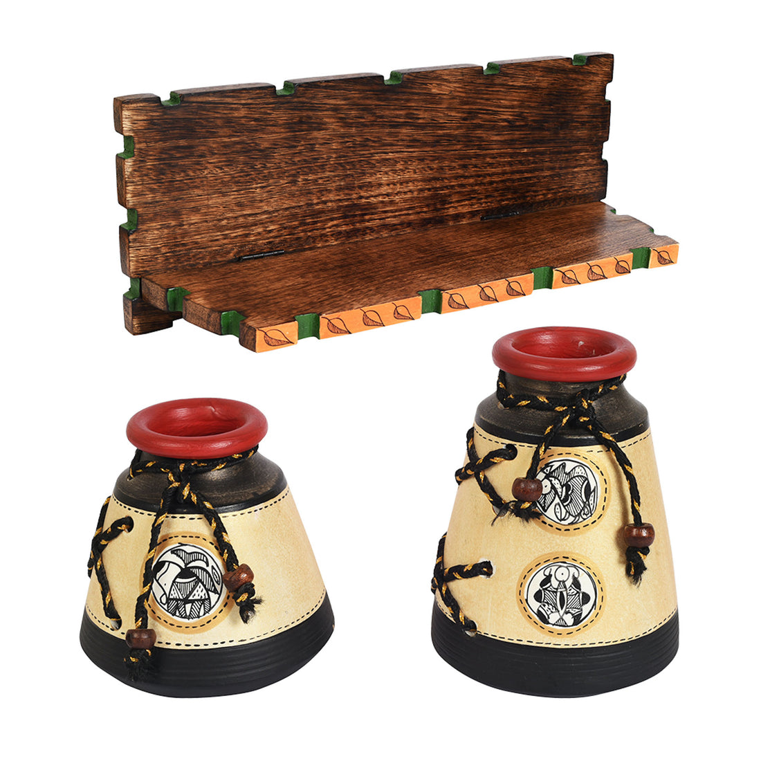 Wall Decor Wooden Shelf with 2 Pots Madhubani Design (15x5.5x6)