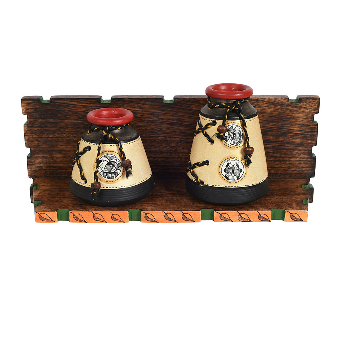 Wall Decor Wooden Shelf with 2 Pots Madhubani Design (15x5.5x6)