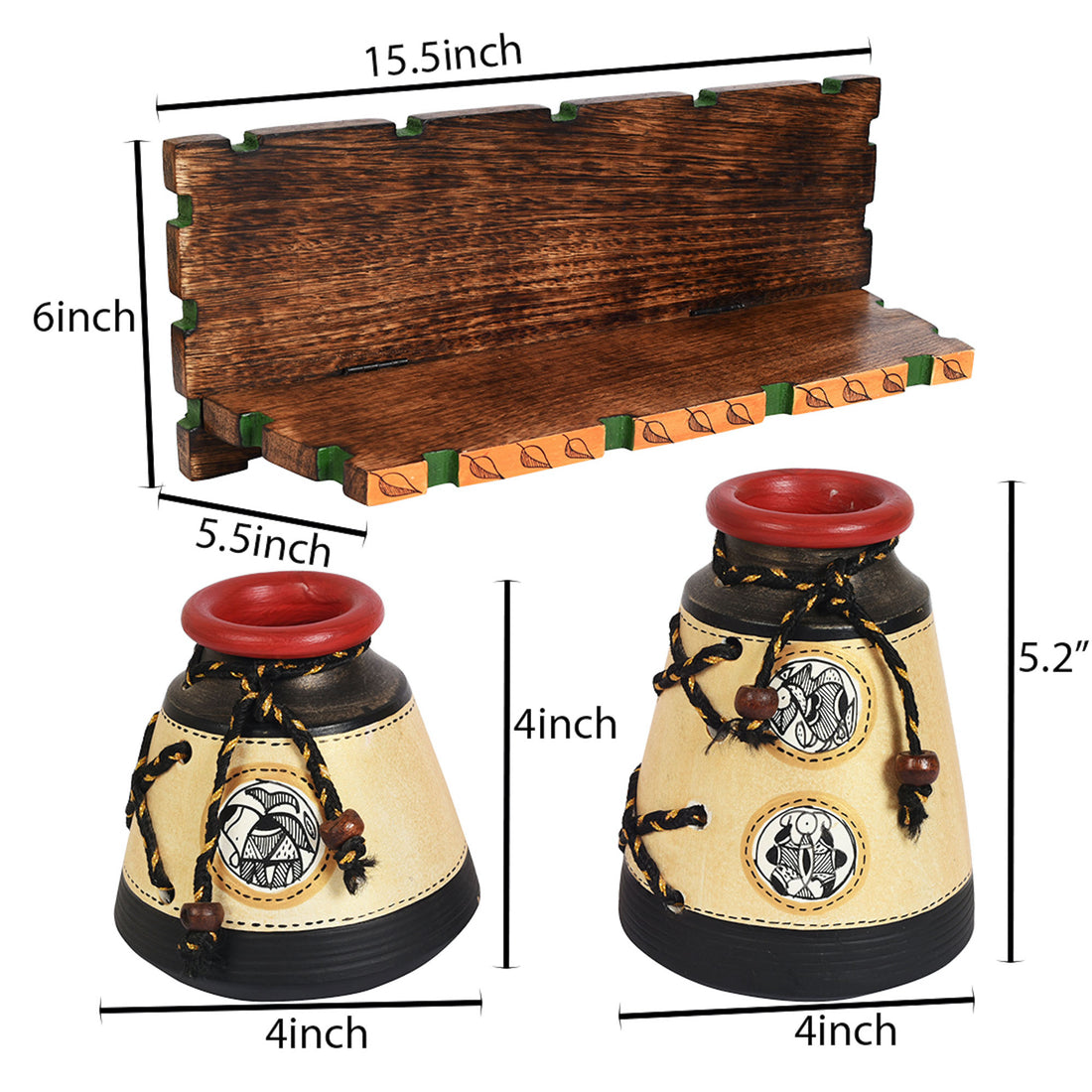 Wall Decor Wooden Shelf with 2 Pots Madhubani Design (15x5.5x6)