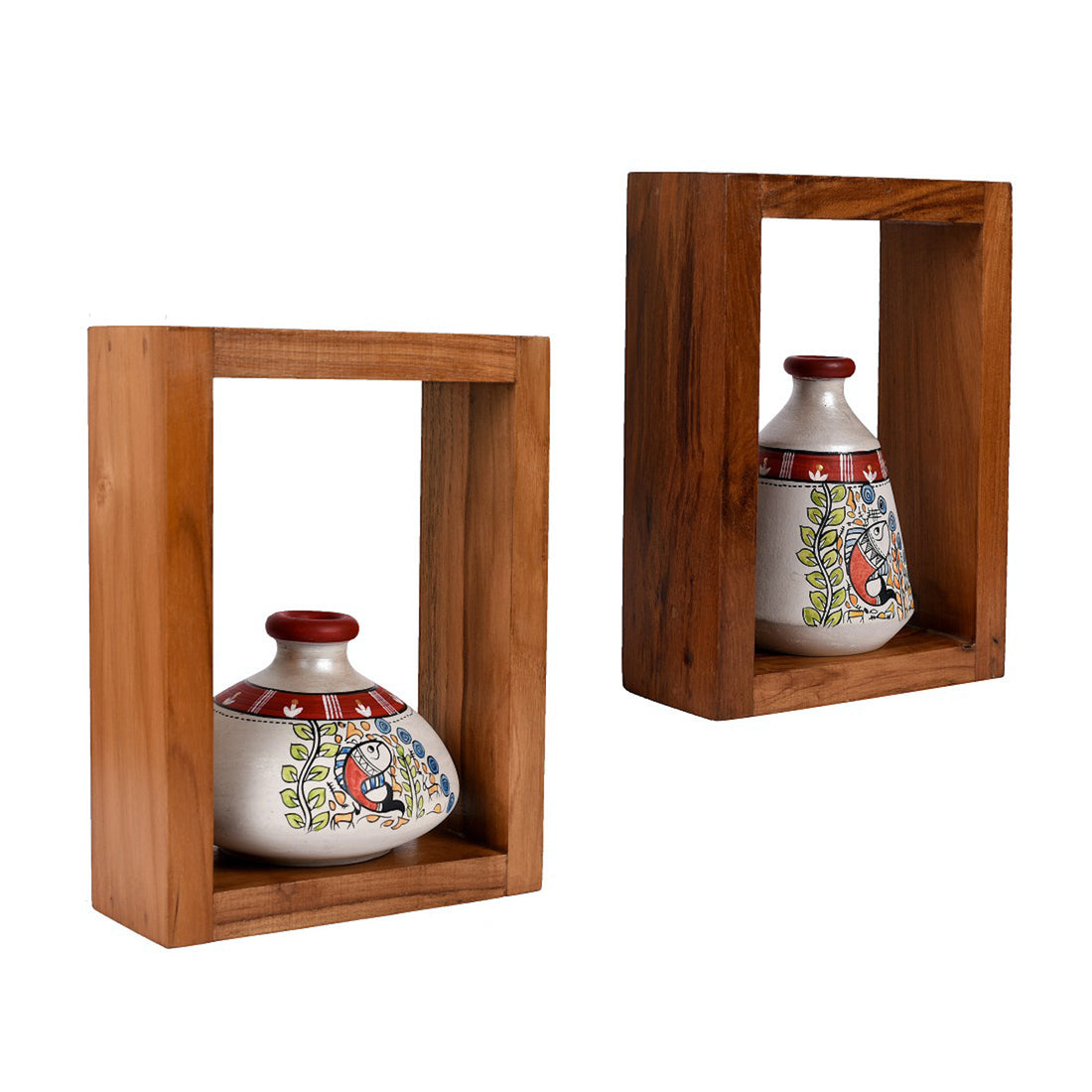 Wall Decor 2 Wooden Shelf & 2 Pots Handcrafted Madhubani (6x2.5x8)