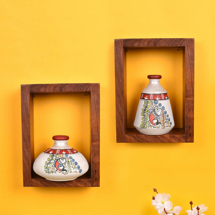 Wall Decor 2 Wooden Shelf & 2 Pots Handcrafted Madhubani (6x2.5x8)