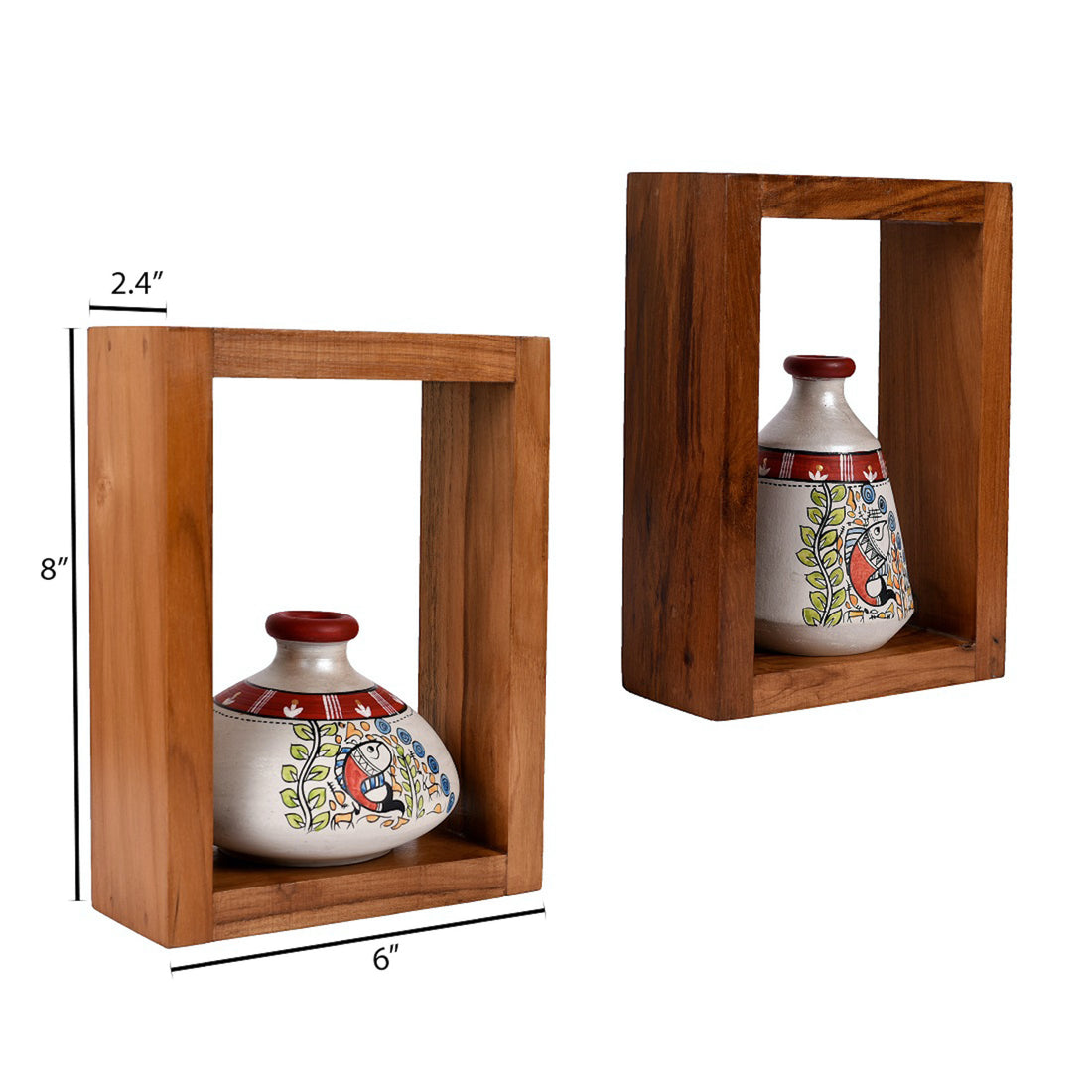 Wall Decor 2 Wooden Shelf & 2 Pots Handcrafted Madhubani (6x2.5x8)