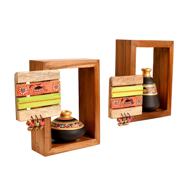 Wall Decor 2 Wooden Shelf & 2 Pots Madhubani Design Black (9x2.7x8)