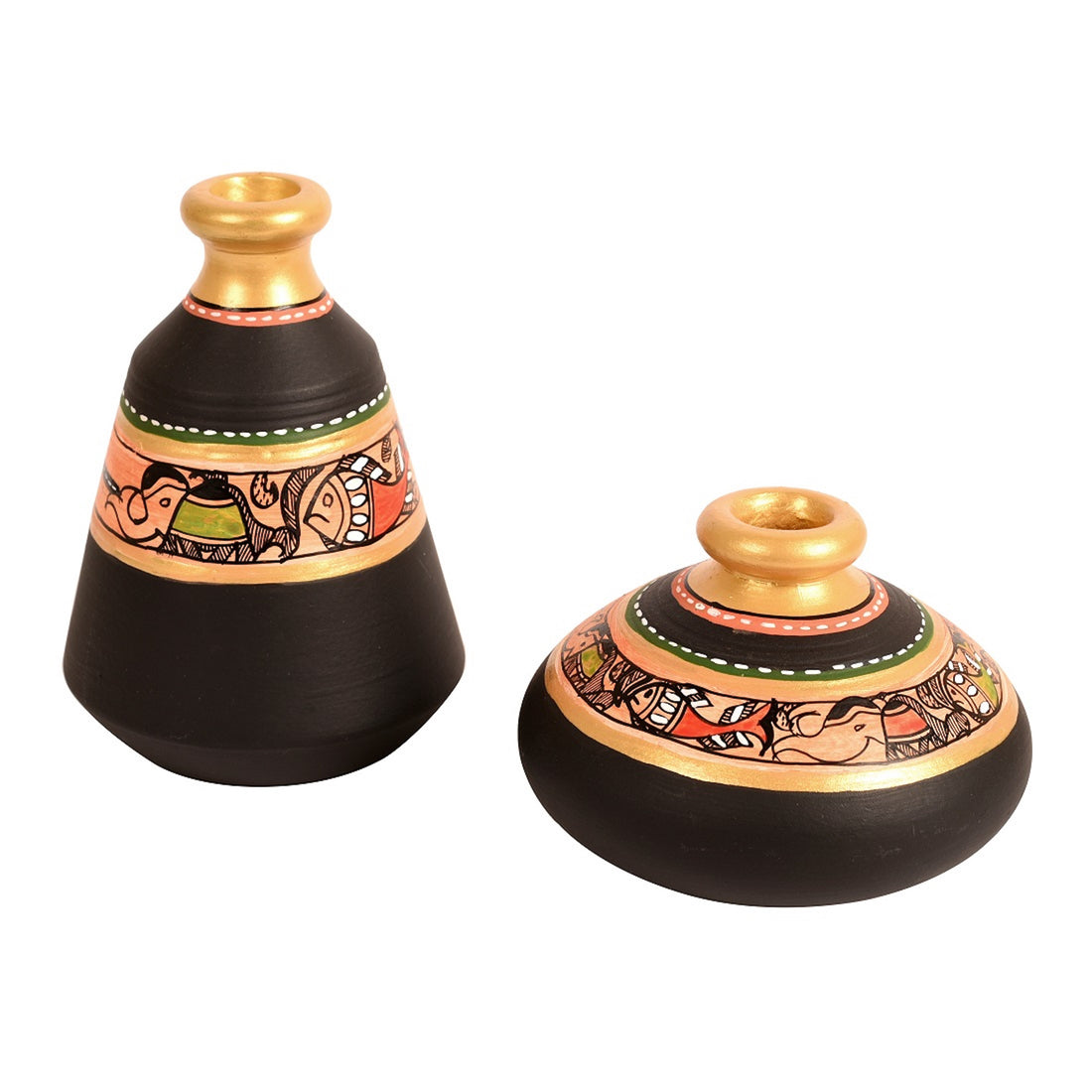 Wall Decor 2 Wooden Shelf & 2 Pots Madhubani Design Black (9x2.7x8)