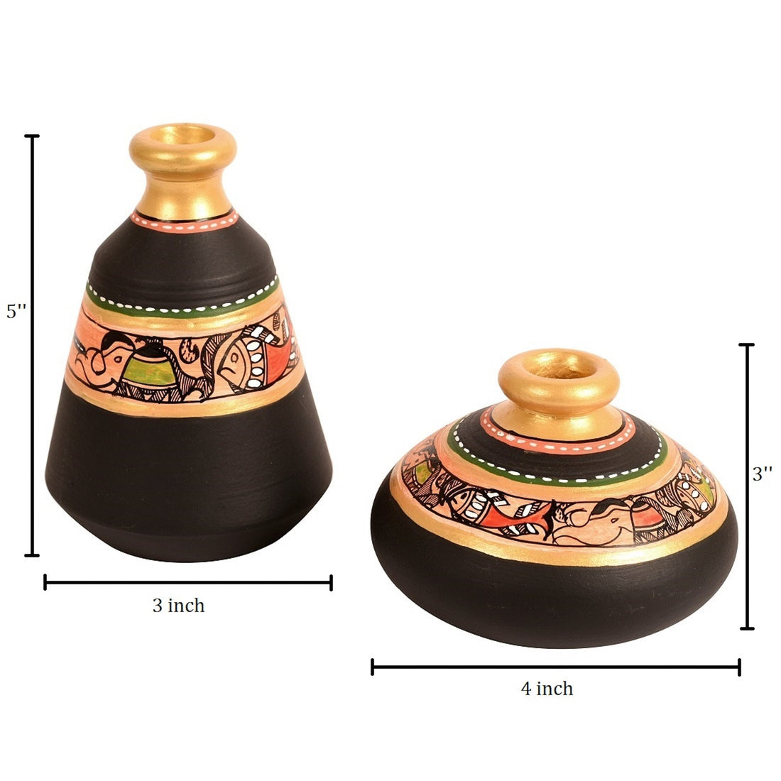 Wall Decor 2 Wooden Shelf & 2 Pots Madhubani Design Black (9x2.7x8)