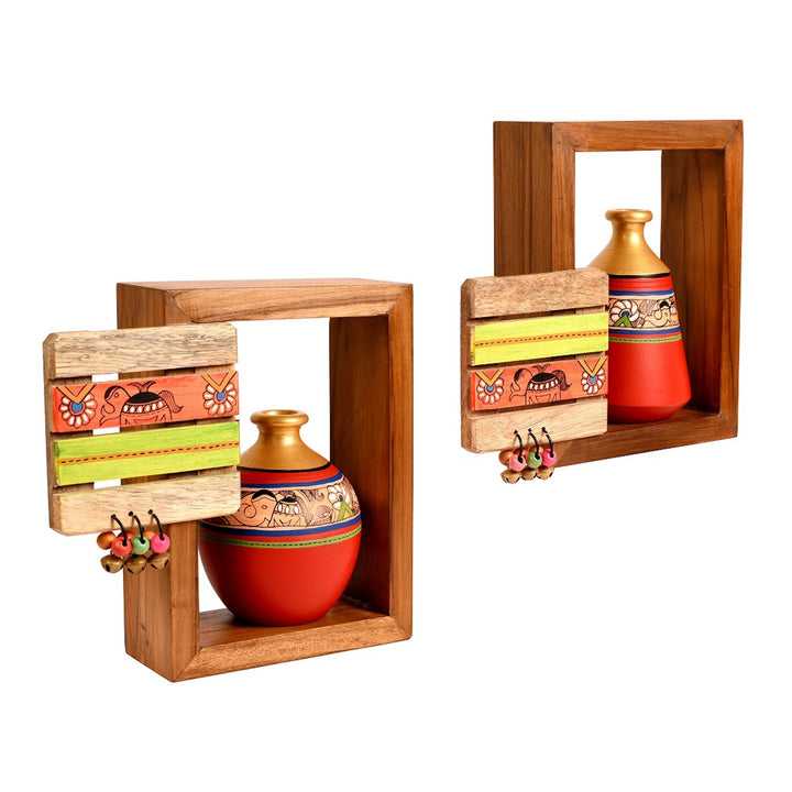 Wall Decor 2 Wooden Shelf & 2 Pots Madhubani Design Red (9x2.7x8)