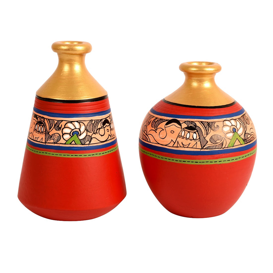 Wall Decor 2 Wooden Shelf & 2 Pots Madhubani Design Red (9x2.7x8)