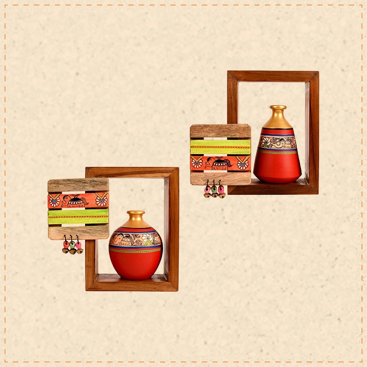 Wall Decor 2 Wooden Shelf & 2 Pots Madhubani Design Red (9x2.7x8)