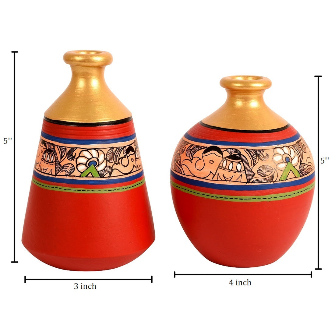 Wall Decor 2 Wooden Shelf & 2 Pots Madhubani Design Red (9x2.7x8)