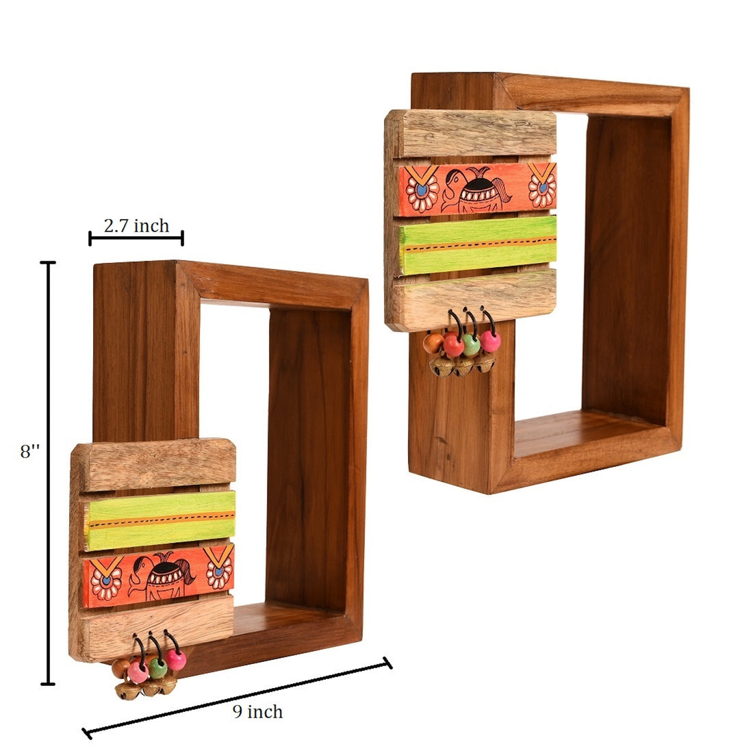 Wall Decor 2 Wooden Shelf & 2 Pots Madhubani Design Red (9x2.7x8)