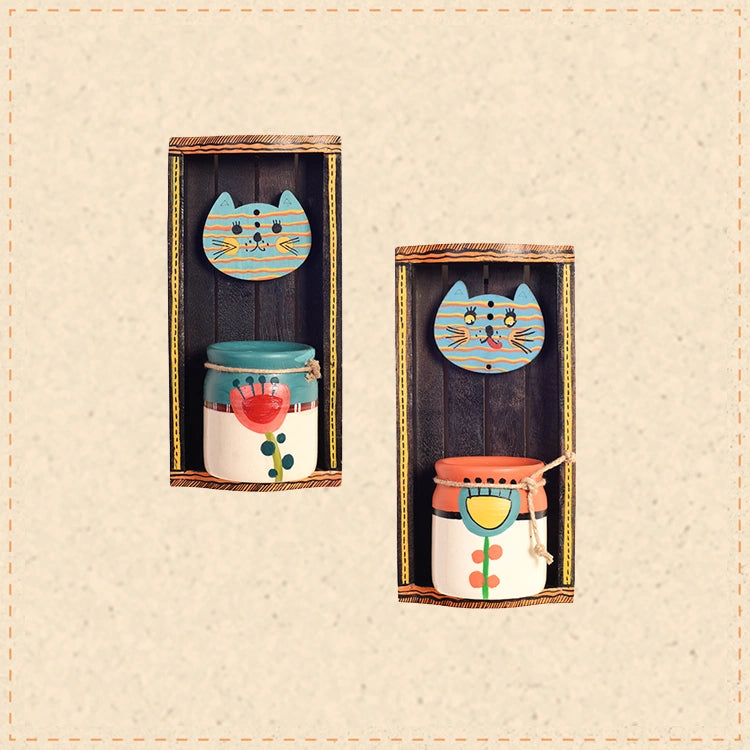 Handcrafted Cat Theme Wall Décor with Hanging Pots Decorative Wooden Art Set
