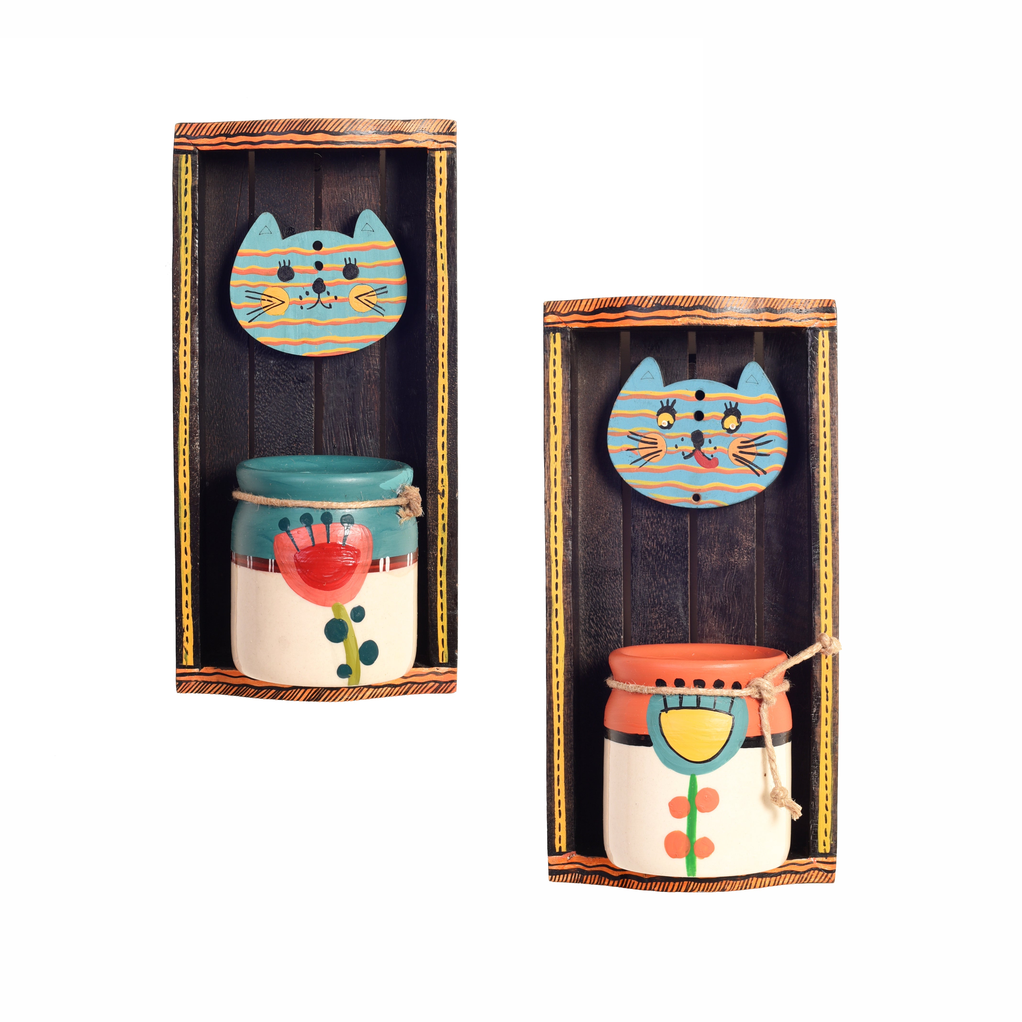 Handcrafted Cat Theme Wall Décor with Hanging Pots Decorative Wooden Art Set