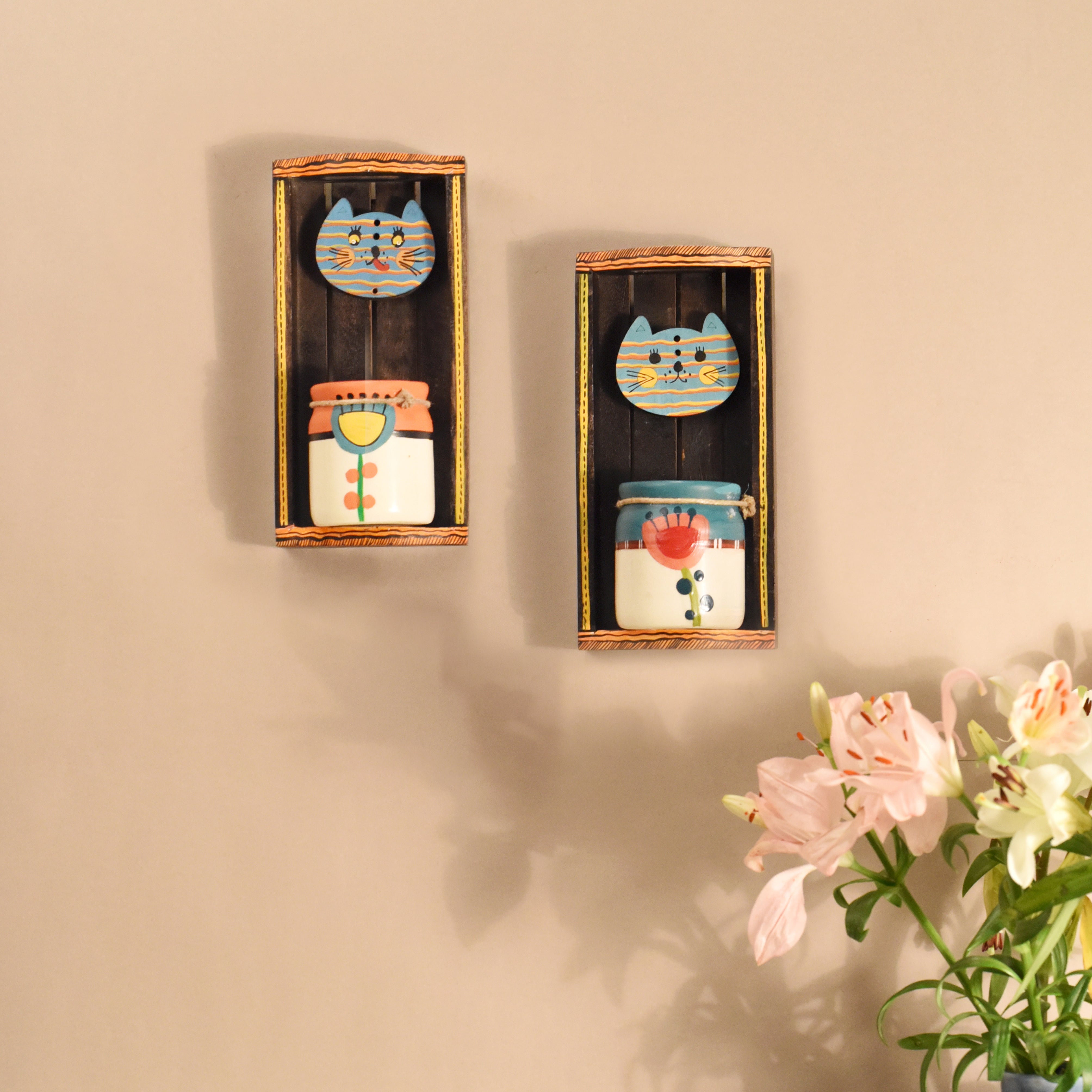 Handcrafted Cat Theme Wall Décor with Hanging Pots Decorative Wooden Art Set
