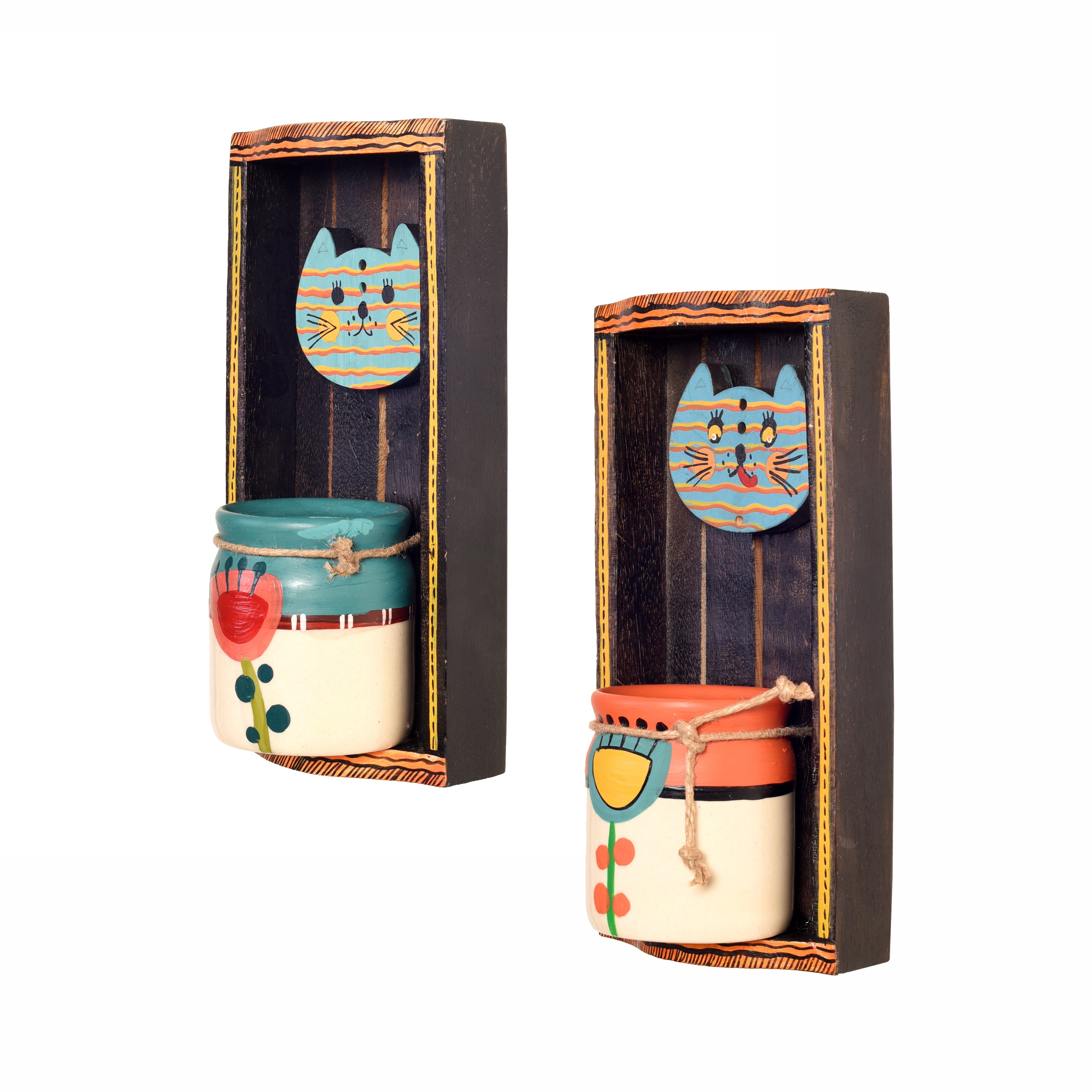 Handcrafted Cat Theme Wall Décor with Hanging Pots Decorative Wooden Art Set