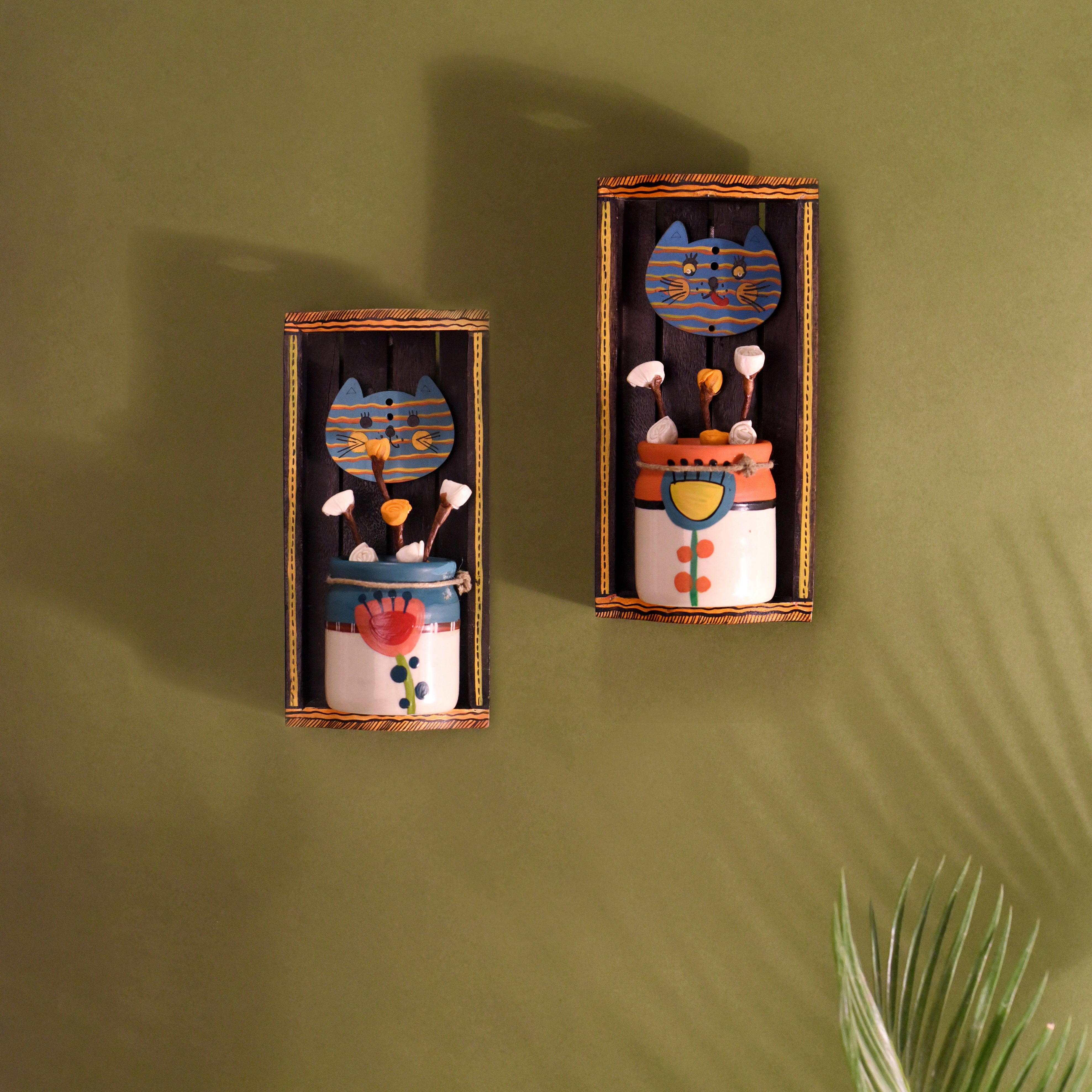 Handcrafted Cat Theme Wall Décor with Hanging Pots Decorative Wooden Art Set