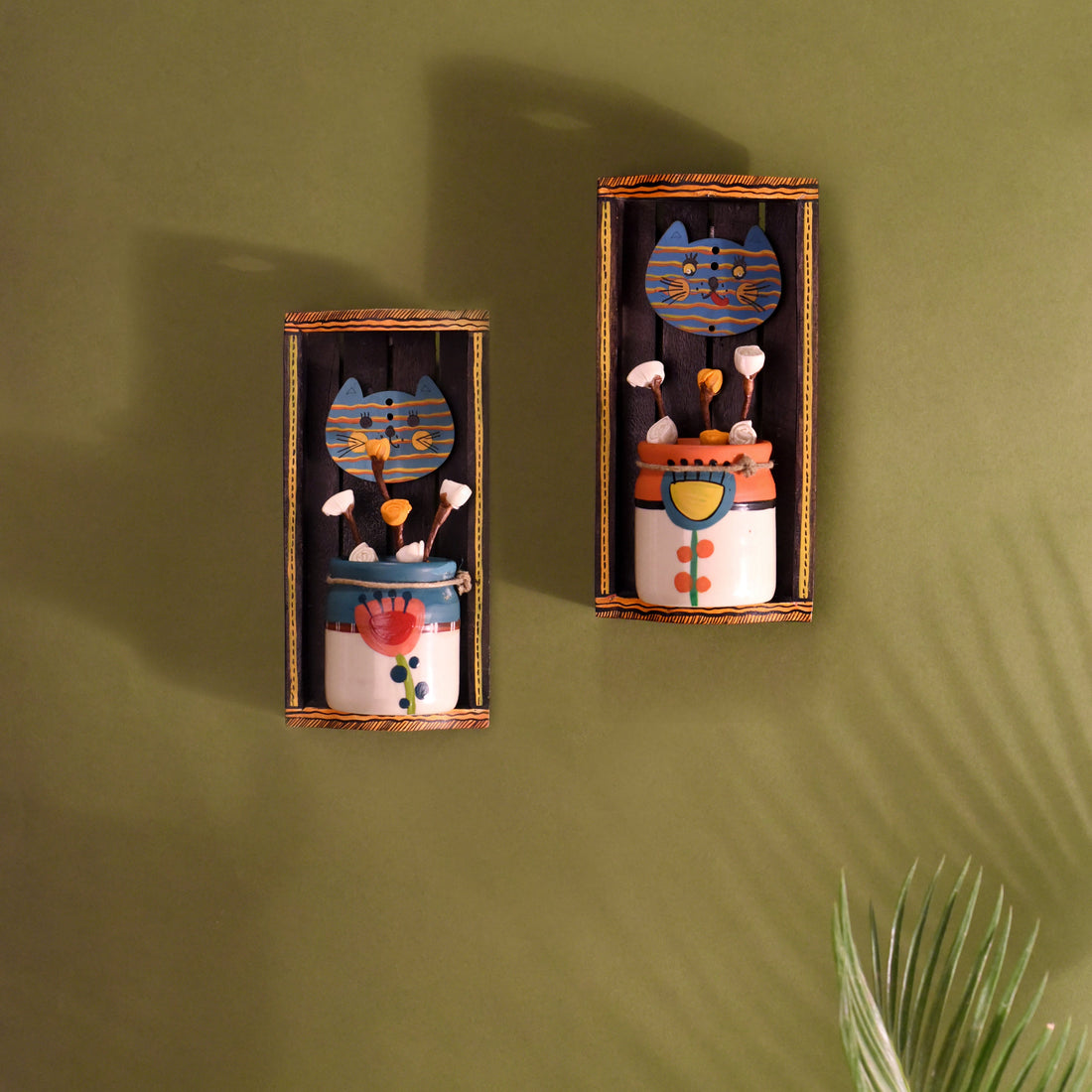 Handcrafted Cat Theme Wall Décor with Hanging Pots Decorative Wooden Art Set
