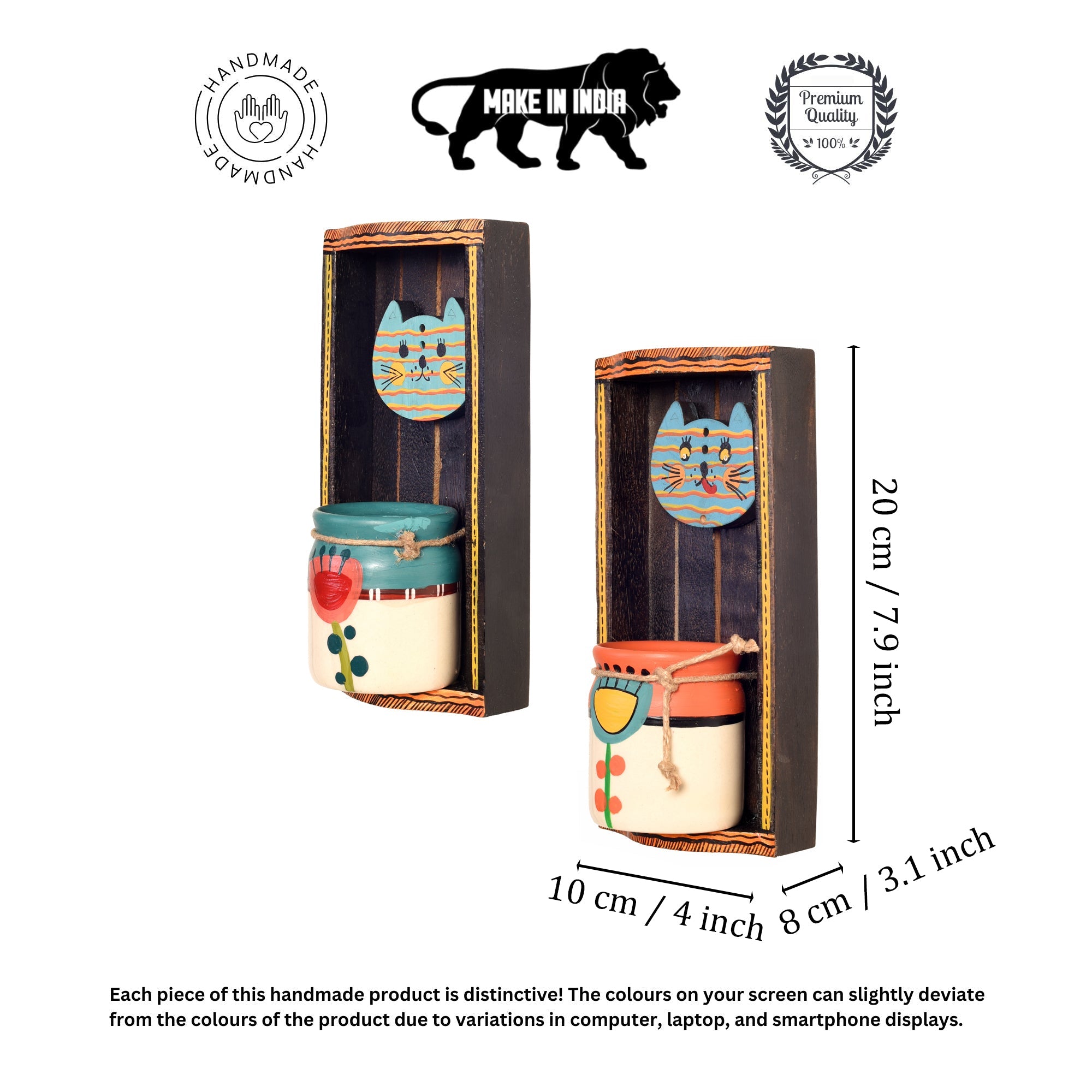Handcrafted Cat Theme Wall Décor with Hanging Pots Decorative Wooden Art Set