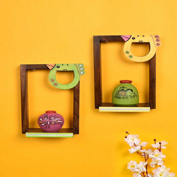 Wall Decor 2 Wooden Shelf & 2 Colored Pots Madhubani Art (5.5x2.5x8.5)