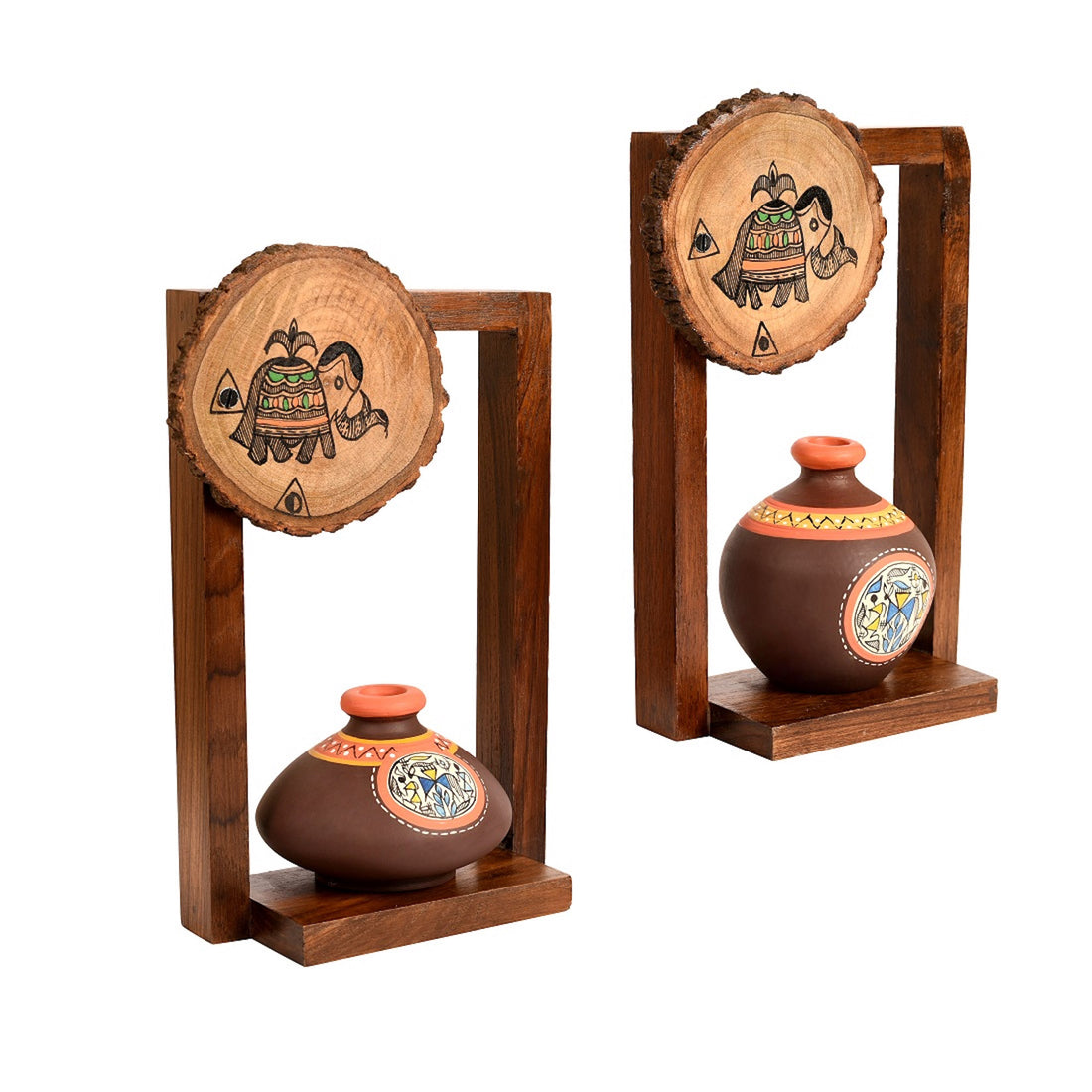 Wall Decor 2 Wooden Shelf & 2 Pots Madhubani Design Brown (6x2.5x9)