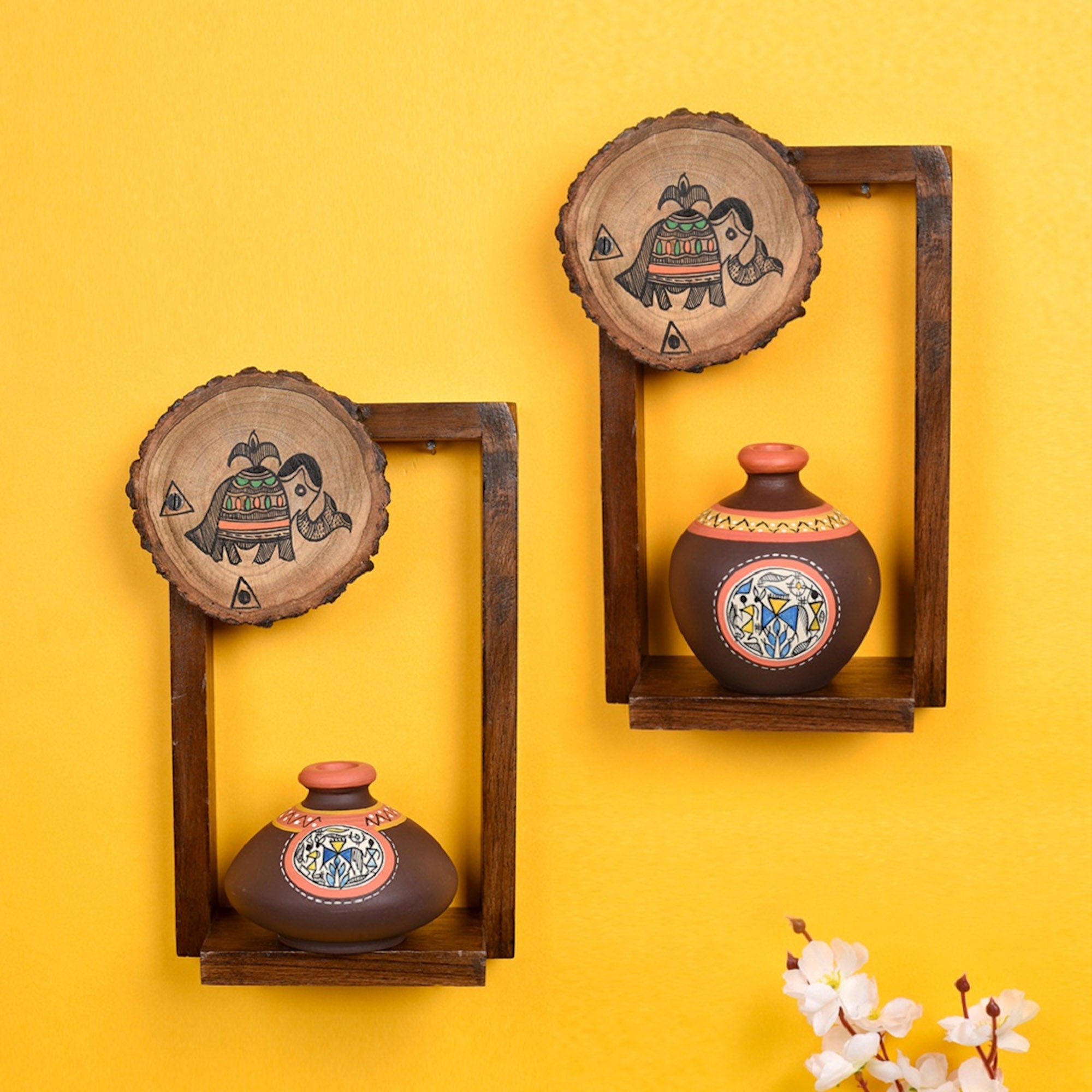 Wall Decor 2 Wooden Shelf & 2 Pots Madhubani Design Brown (6x2.5x9)