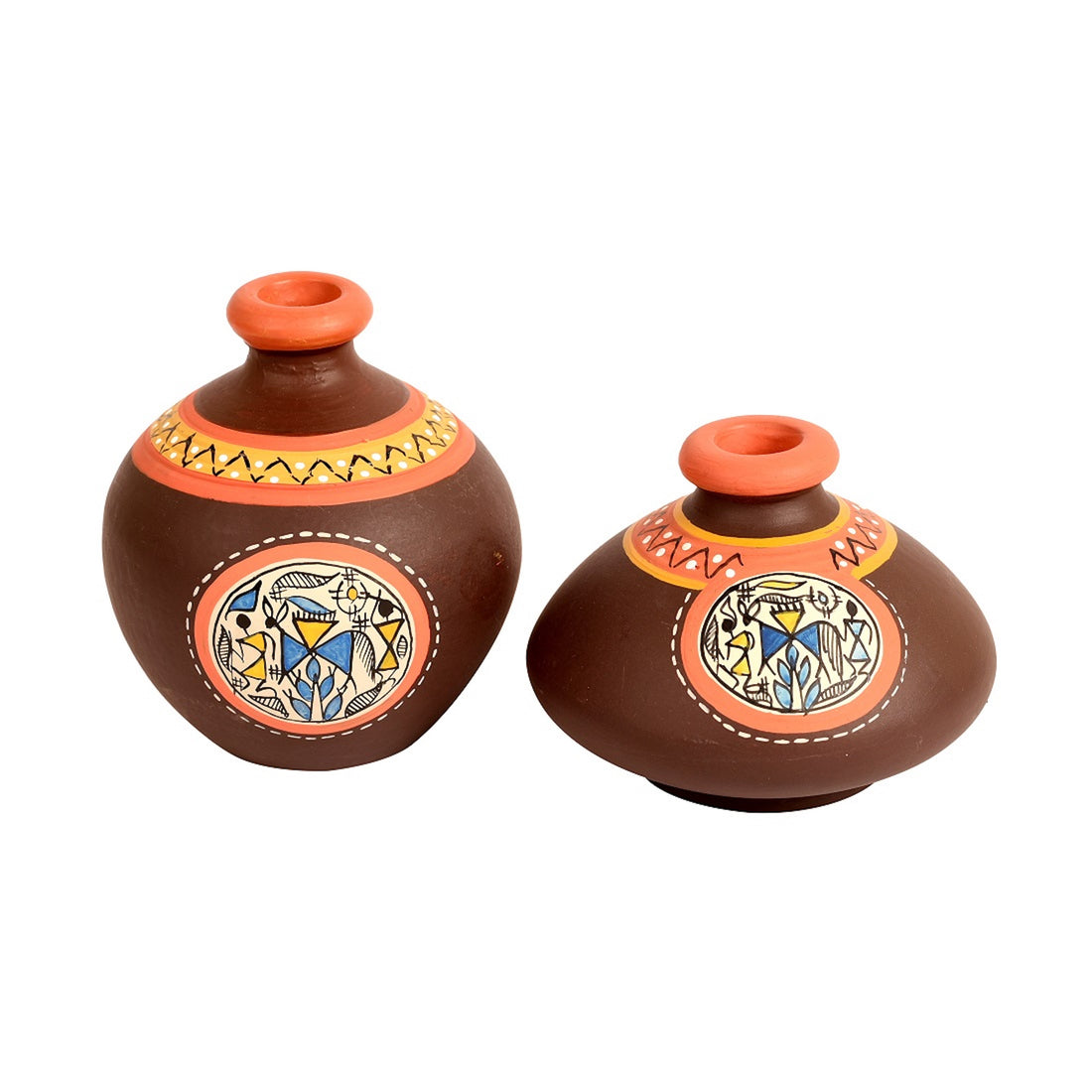 Wall Decor 2 Wooden Shelf & 2 Pots Madhubani Design Brown (6x2.5x9)