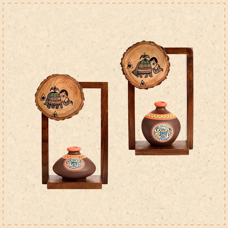 Wall Decor 2 Wooden Shelf & 2 Pots Madhubani Design Brown (6x2.5x9)