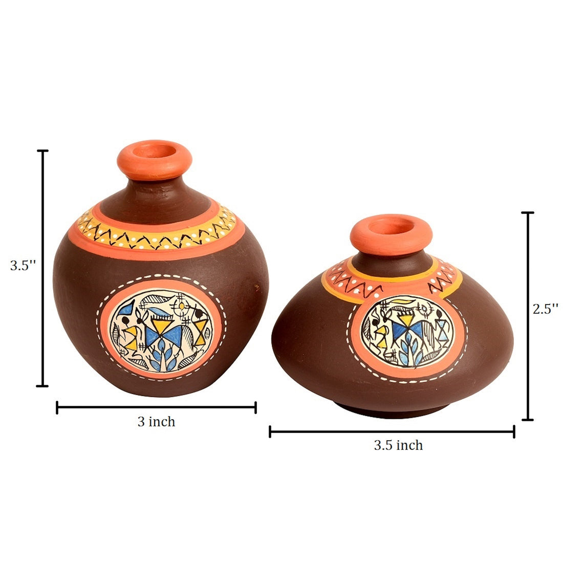 Wall Decor 2 Wooden Shelf & 2 Pots Madhubani Design Brown (6x2.5x9)