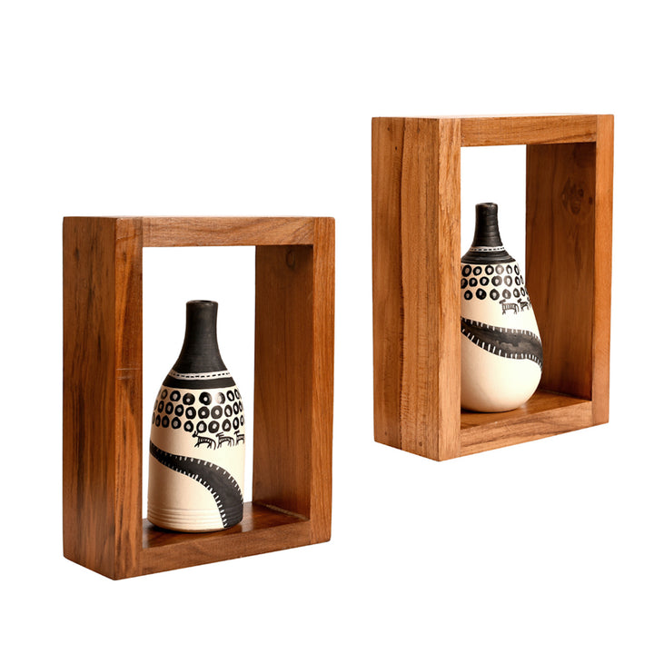 Wall Decor 2 Wooden Shelf Handcrafted 2 Warli Pot White (6x2.5x8)