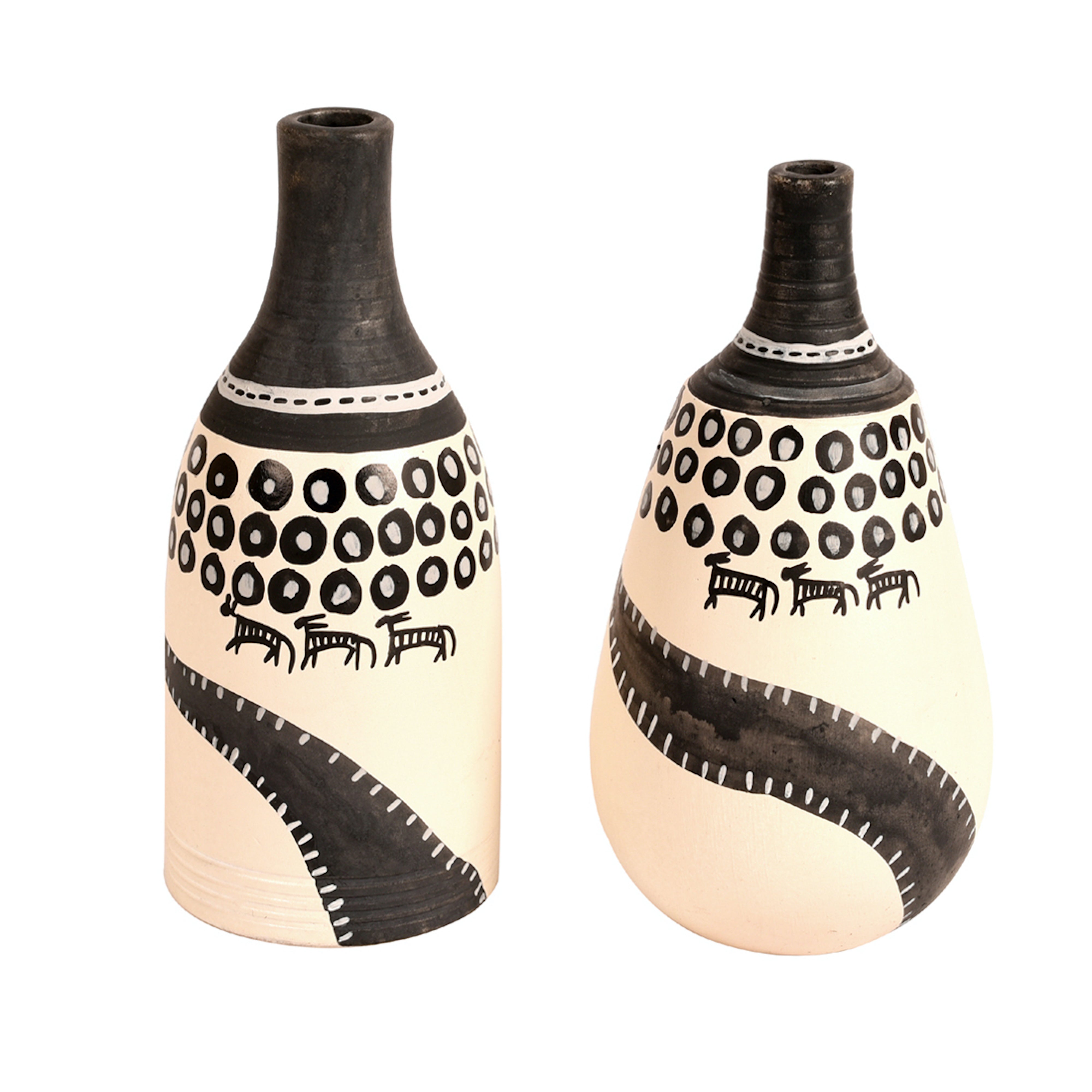 Wall Decor 2 Wooden Shelf Handcrafted 2 Warli Pot White (6x2.5x8)