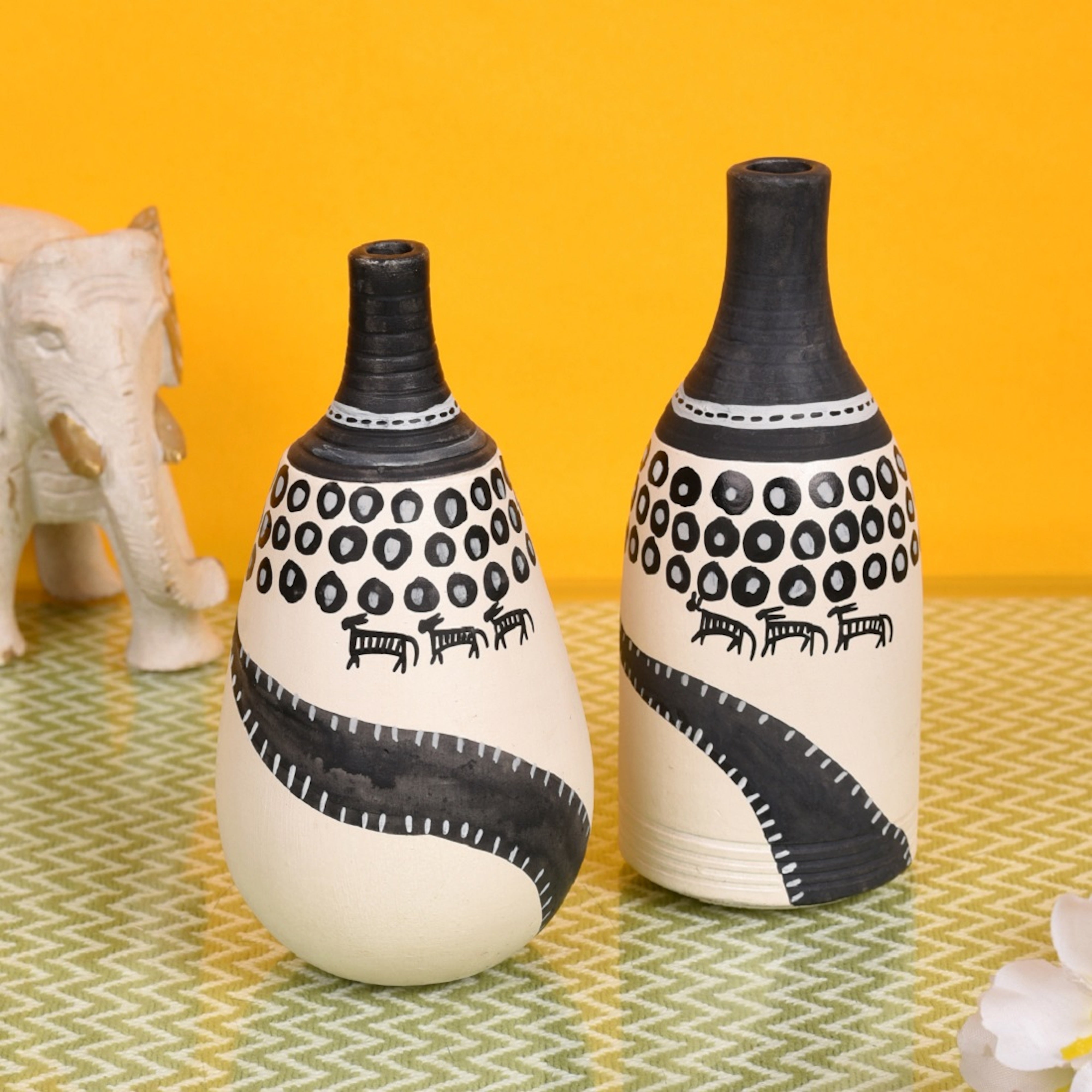 Wall Decor 2 Wooden Shelf Handcrafted 2 Warli Pot White (6x2.5x8)