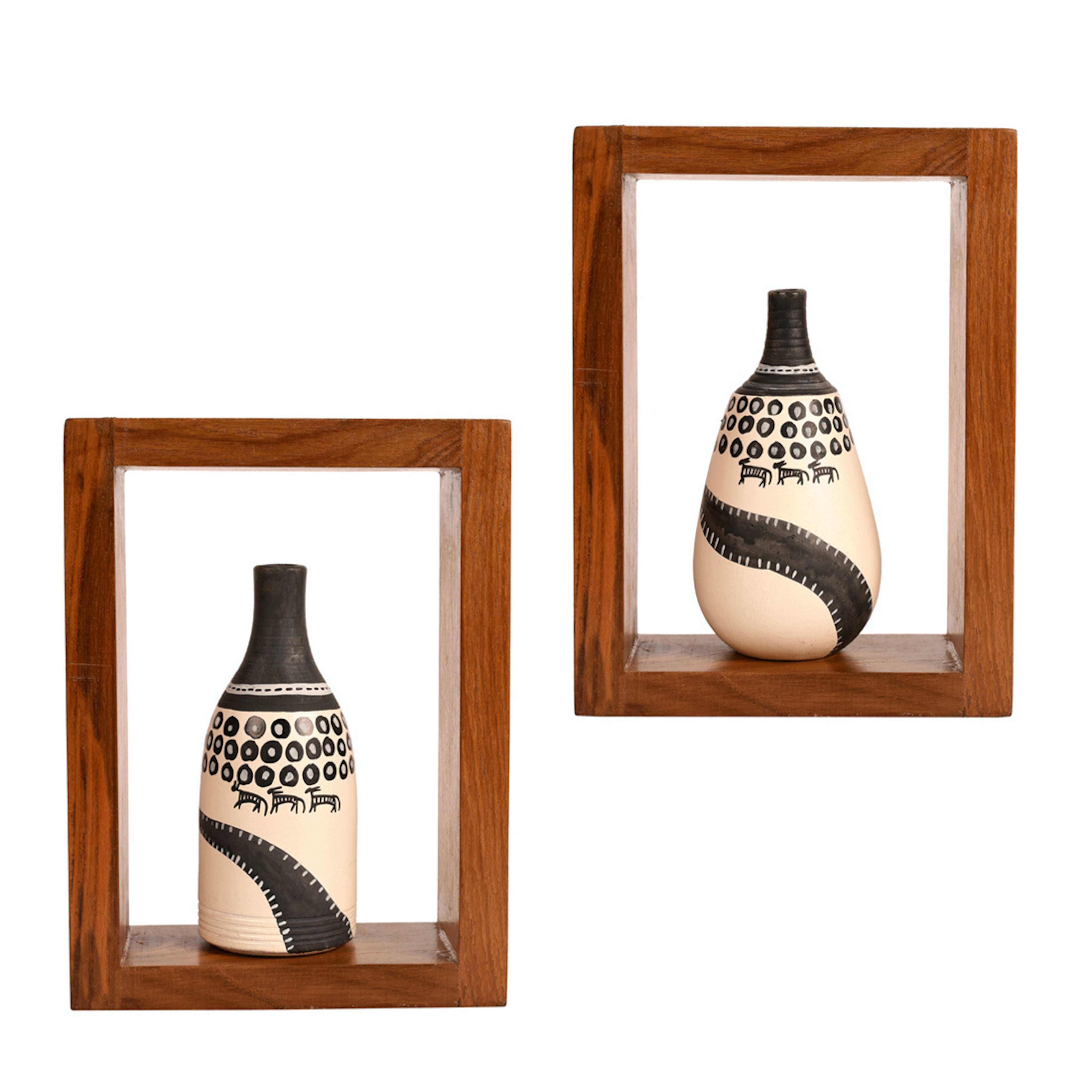 Wall Decor 2 Wooden Shelf Handcrafted 2 Warli Pot White (6x2.5x8)