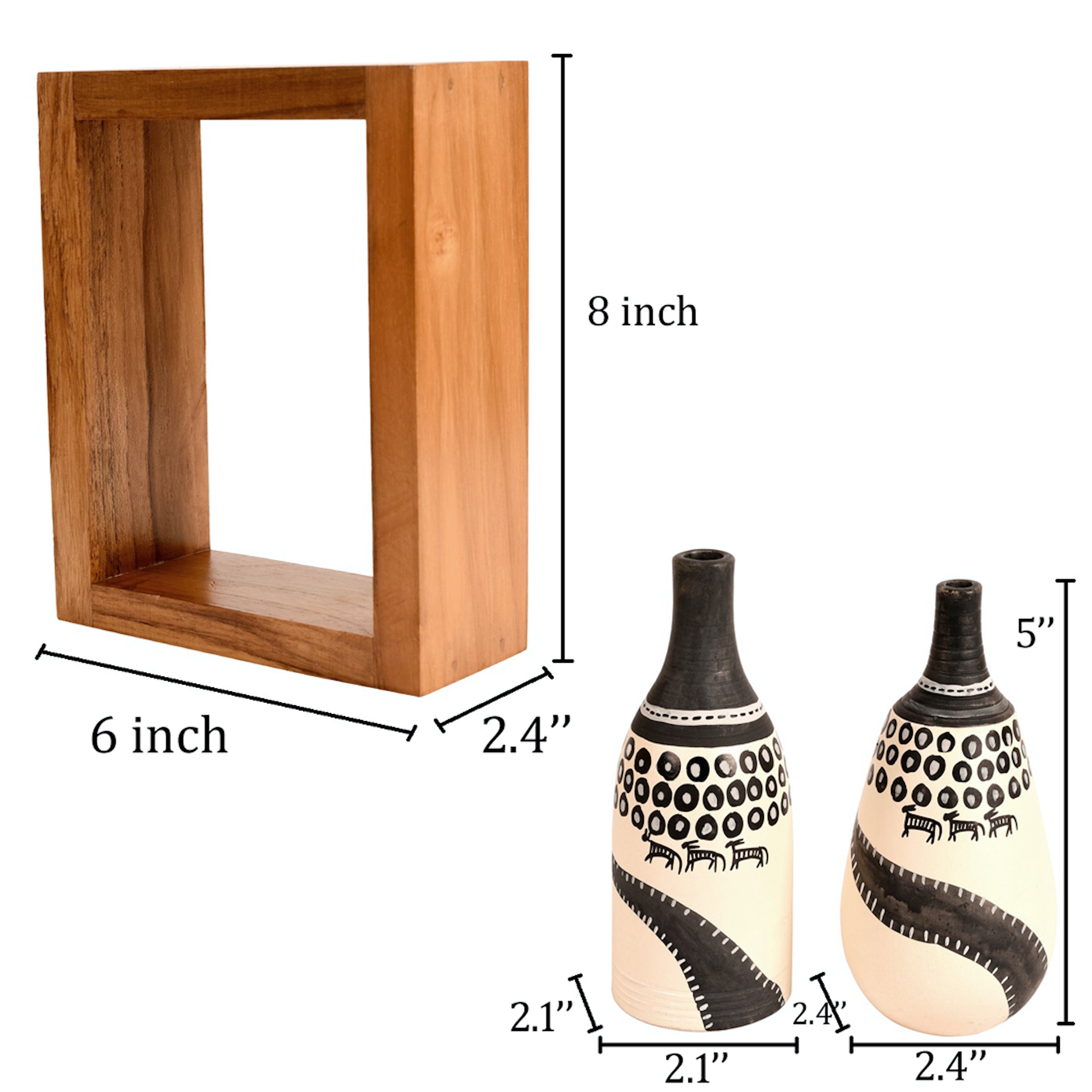 Wall Decor 2 Wooden Shelf Handcrafted 2 Warli Pot White (6x2.5x8)