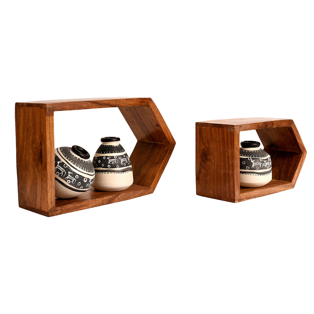 Wall Decor 2 Wooden Shelf & 3 Pots Warli White (8x2.5x5/6x2.5x3.7)