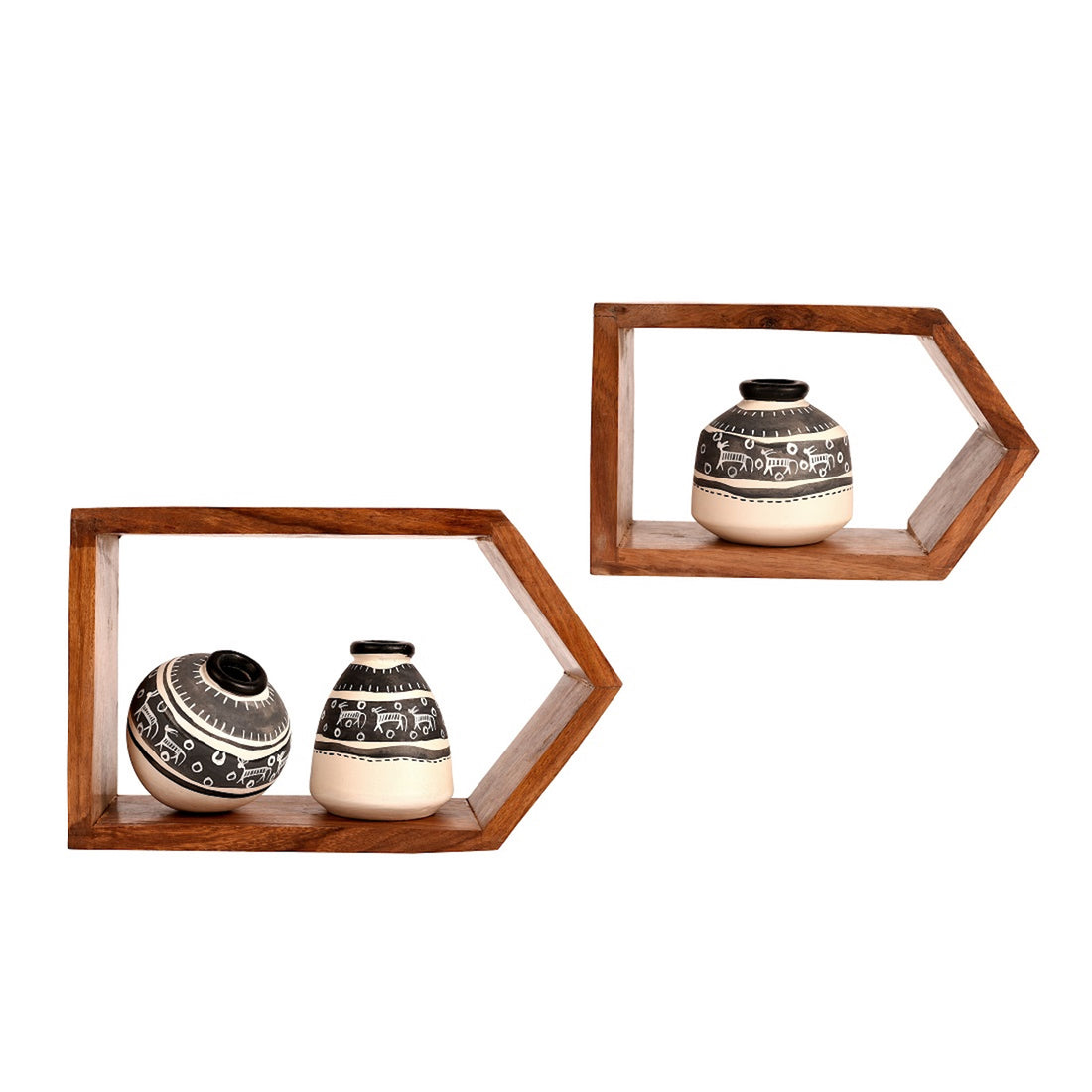 Wall Decor 2 Wooden Shelf & 3 Pots Warli White (8x2.5x5/6x2.5x3.7)