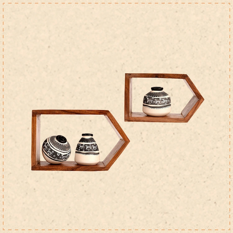 Wall Decor 2 Wooden Shelf & 3 Pots Warli White (8x2.5x5/6x2.5x3.7)