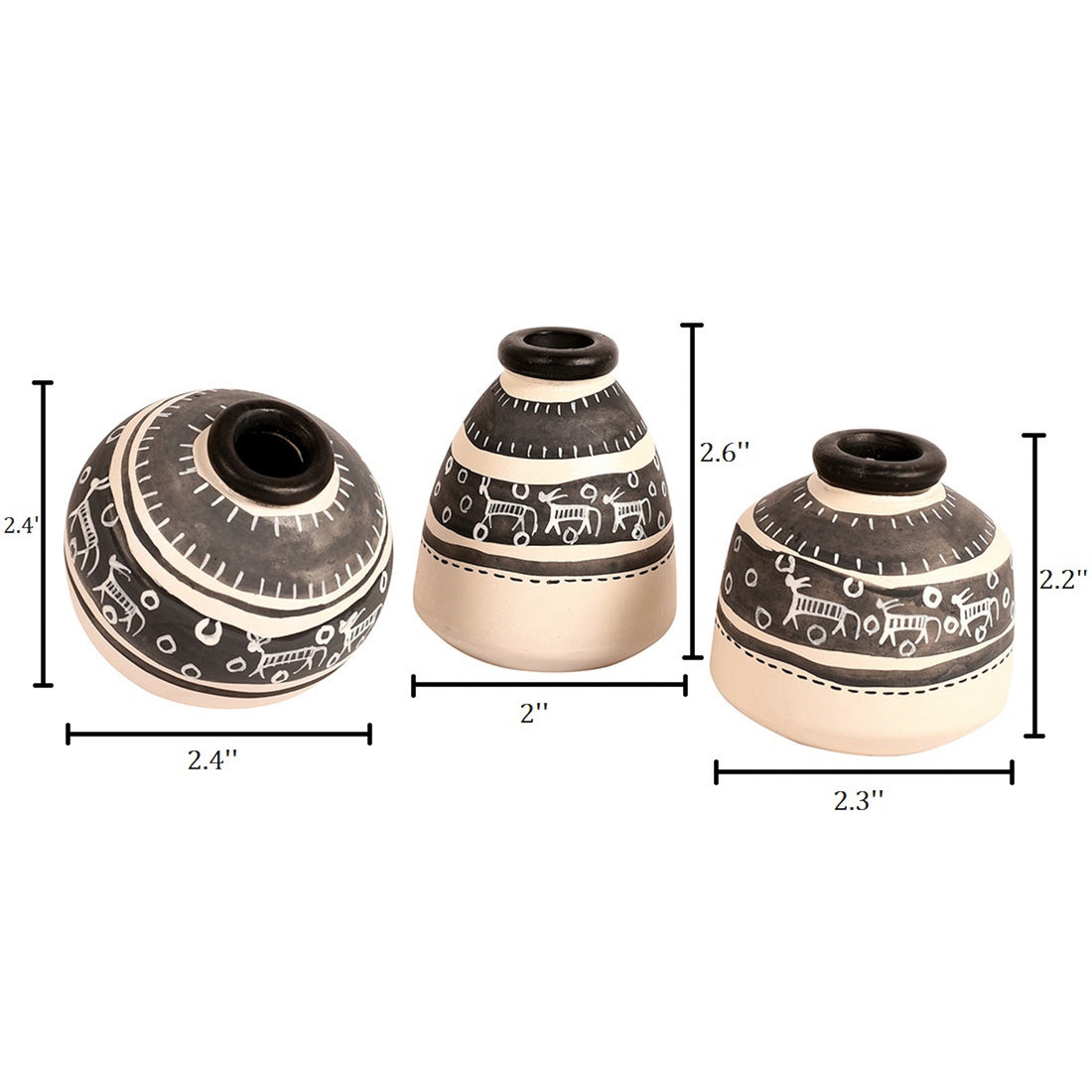 Wall Decor 2 Wooden Shelf & 3 Pots Warli White (8x2.5x5/6x2.5x3.7)