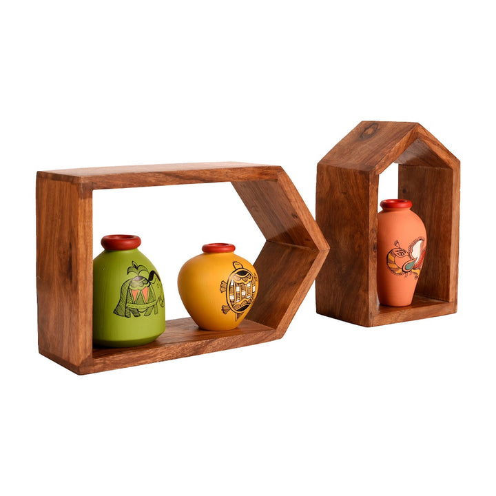 Wall Decor 2 Wooden Shelf & 3 Colored Pots Madhubani (8x2.5x5/6x2.5x3.7)