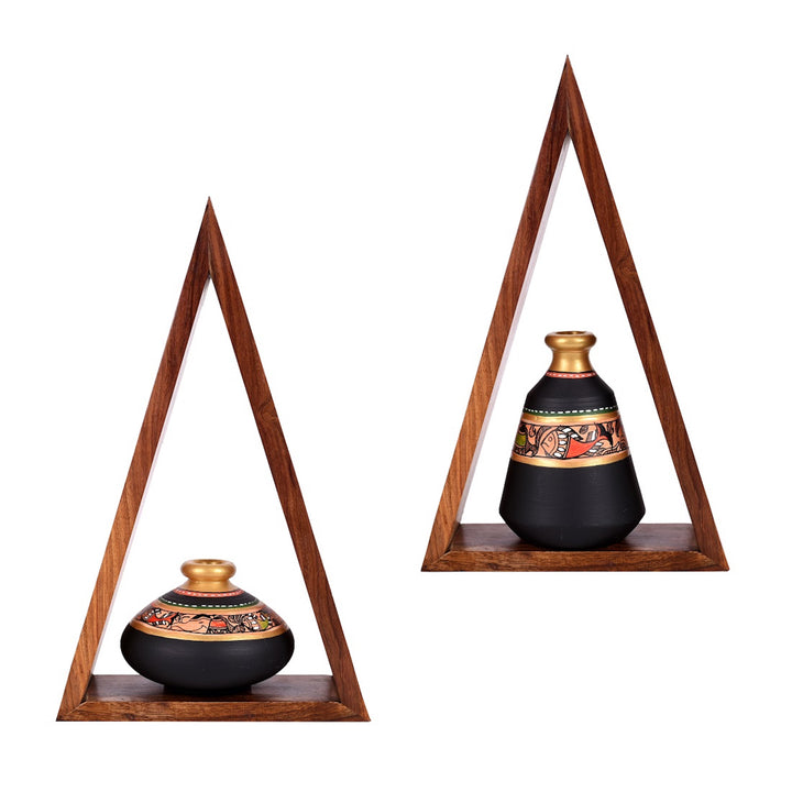 Wall Decor 2 Wooden Shelf & 2 Pots Madhubani Black (5.5x2.5x8.5)