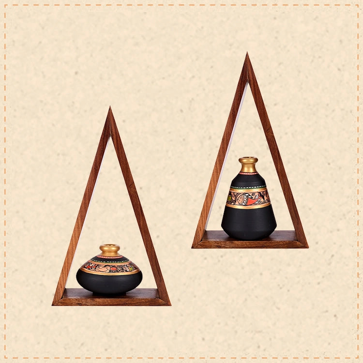 Wall Decor 2 Wooden Shelf & 2 Pots Madhubani Black (5.5x2.5x8.5)