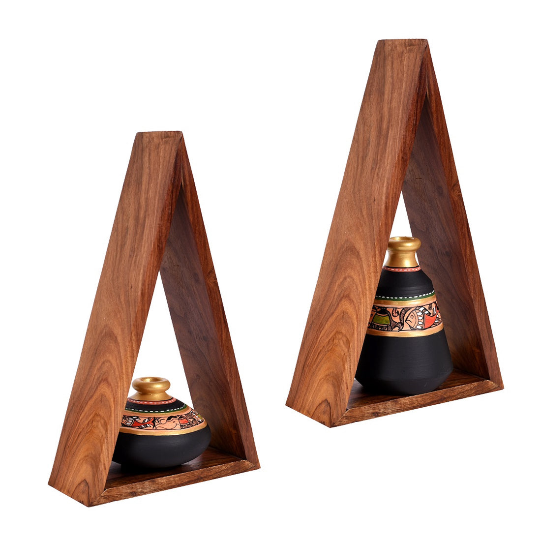 Wall Decor 2 Wooden Shelf & 2 Pots Madhubani Black (5.5x2.5x8.5)