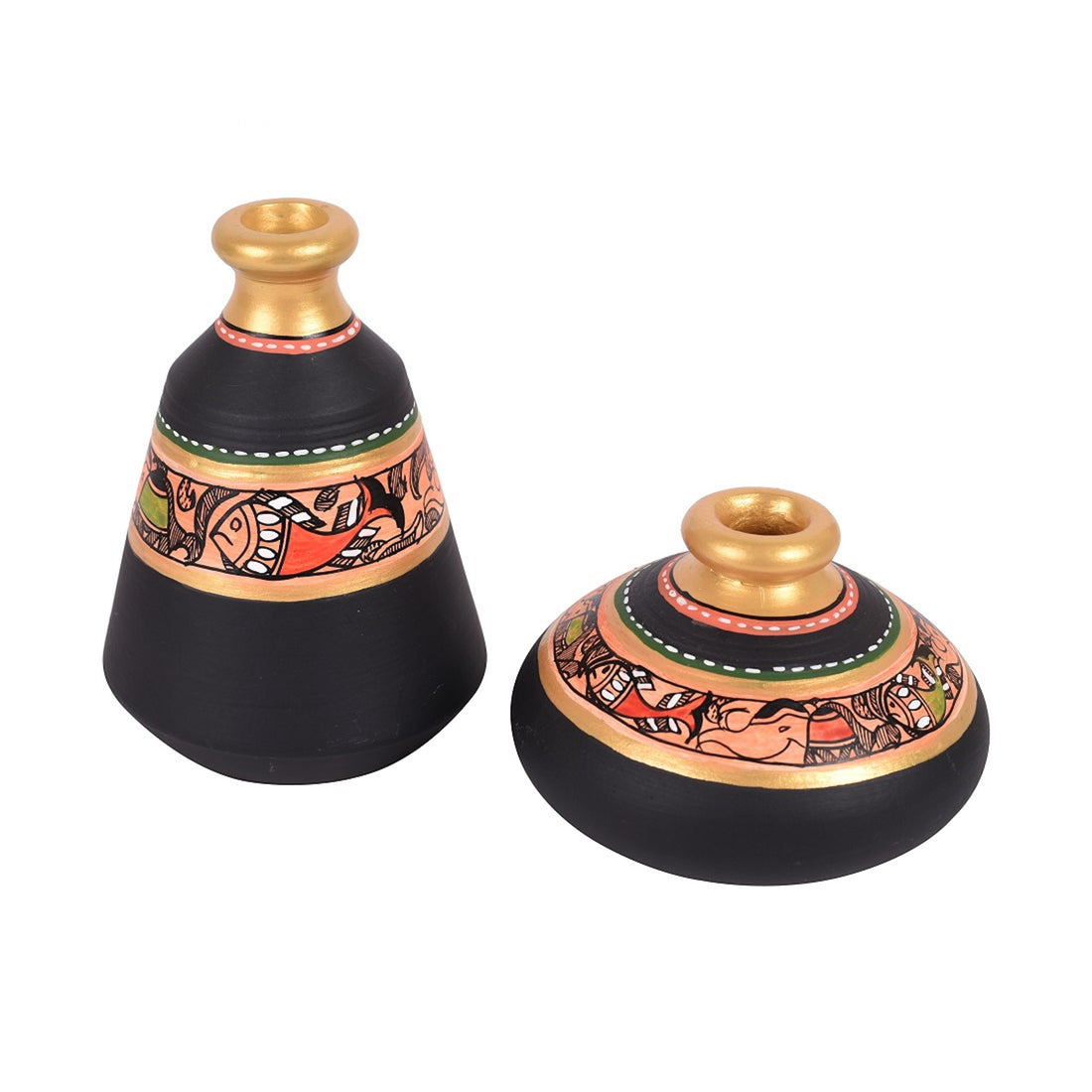 Wall Decor 2 Wooden Shelf & 2 Pots Madhubani Black (5.5x2.5x8.5)