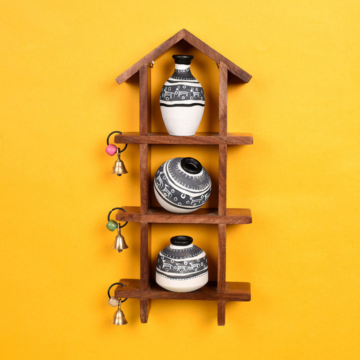 Wall Decor Ladder & 3 Handcrafted Warli White Pots (6x2x13)